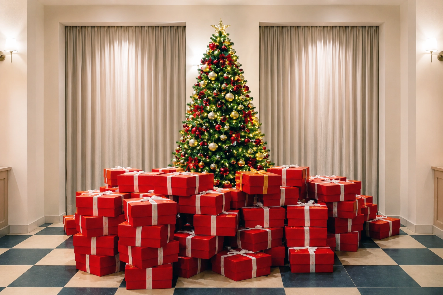 Cesti aziendali natalizi 4 Regali natalizi per dipendenti azienda con confezioni regalo sotto l'albero di Natale